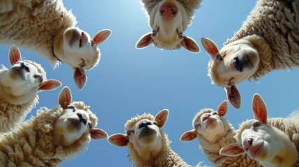 Viewed from below a circle of curious sheep staring at camera with blue sky. Funny.