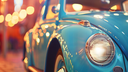 Naklejka premium A vintage car parked against a vibrant big bokeh. Shallow depth of field. Gorgeous illumination. Wide shot. 
