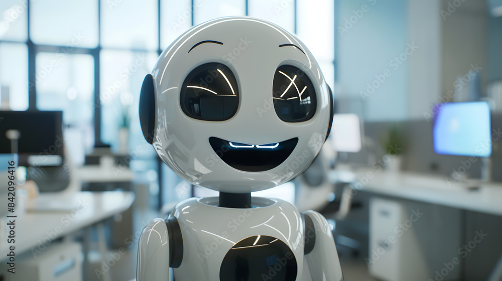 Poster a white robot with big eyes smiling and laughing. looking at the camera in an office environment