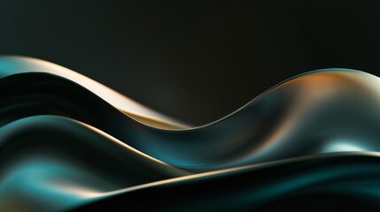 Obraz premium Abstract 3D illustration featuring smooth, undulating metallic waves, gradient of blue and gold hues. The elegant curves and reflective surfaces create a fluid, dynamic composition, dark background