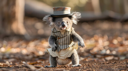 Obraz premium A winsome tiny koala sporting a bygone era top hat. striped tunic. and white chinos is standing on the soil. full body shot 