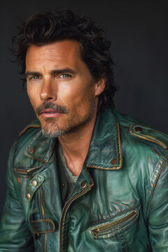 Mature man beauty, fabulous at any age. Portrait of active 50-year-old man wearing green leather jacket, posing on dark gray background. Close up. Fashion style. Studio shot