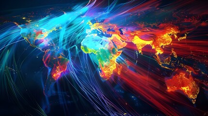 Undersea cable network map visualizing global internet traffic flows and data exchange hubs in vibrant, dynamic colors