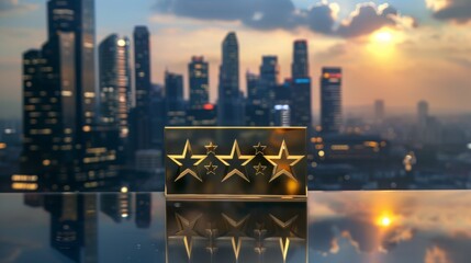 Three gold stars sit on a reflective surface with a blurred cityscape and sunset in the background. The stars appear to be a rating or symbol of excellence.