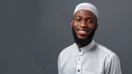 Fototapeta premium Young African Muslim man in traditional Islamic attire