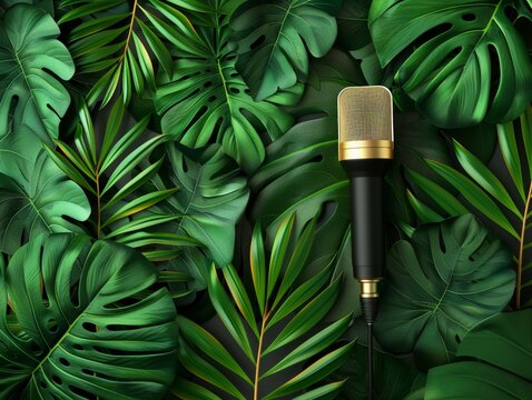 golden microphone on mosntera leaves jungle background realistic photography cinematic