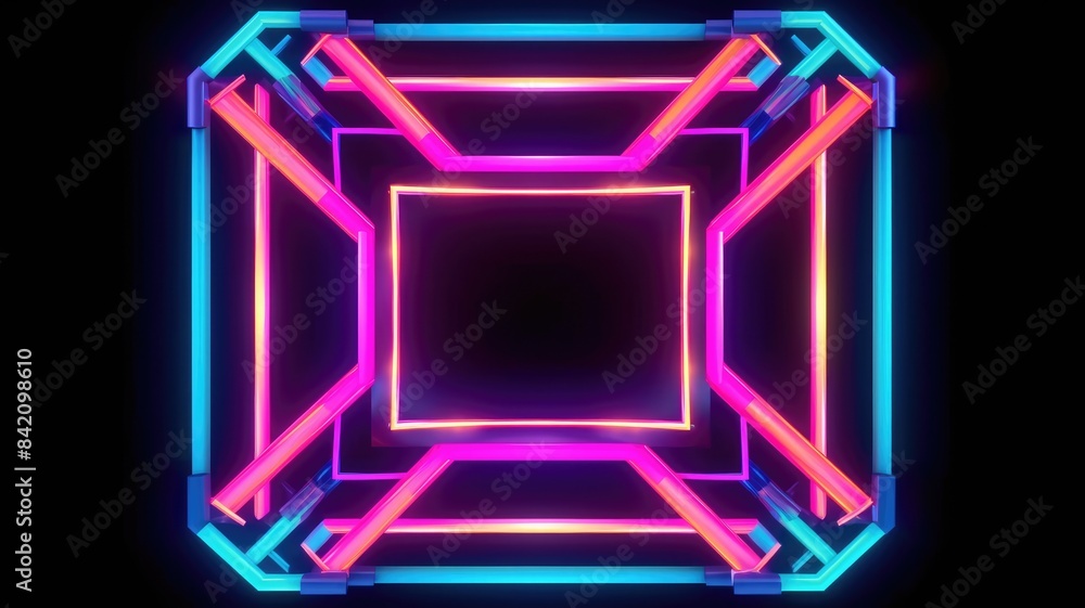 Poster futuristic neon light portal in a reflective surface. luminous neon light portal with square shape w