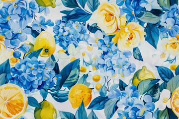A vibrant seamless pattern, yellow lemons and blue flowers, inspired by the traditional tile designs of Santorini, Greece. The watercolor illustration  summery and classic Mediterranean feel.