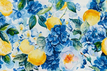 A vibrant seamless pattern, yellow lemons and blue flowers, inspired by the traditional tile designs of Santorini, Greece. The watercolor illustration  summery and classic Mediterranean feel.