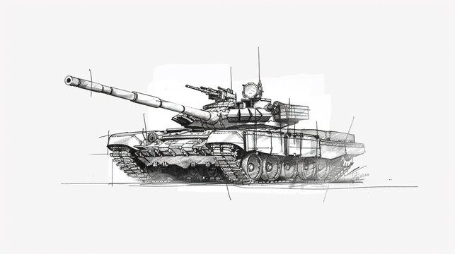 Detailed Line Art Drawing of Russian T-80 style Tank
