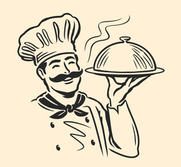 Happy chef with tray of food in hand. Vector illustration for restaurant or cafe menu. Cooking emblem or logo