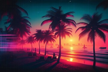 Achtziger Jahre Retro Synth Wave Landschaft: Romantischer, verträumter Sonnenuntergang am Strand mit Palmen und Miami Skyline am Himmel im Abendrot einer Sommer Nacht
