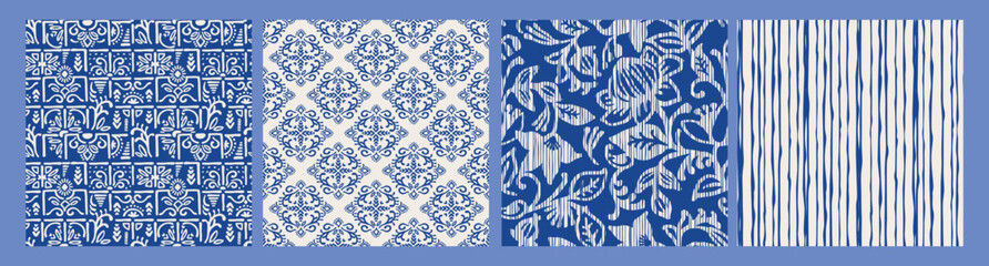 Ethnic blue seamless patterns with plant motifs. Modern abstract design for paper, cover, fabric, interior decor and other