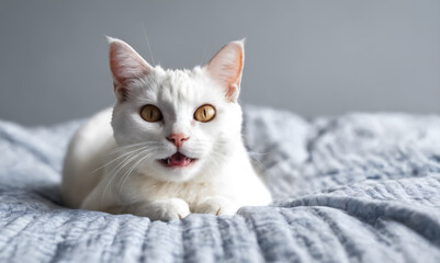 Cat lying in bed. Kitten taking nap. Home pets. Domestic animals.