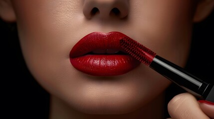 Classic Red Lipstick Application, Close-up Lips, Glamorous Makeup, Beauty and Fashion, Bold Lip Color, Detailed Makeup Shot, Iconic Lips, woman applying gloss