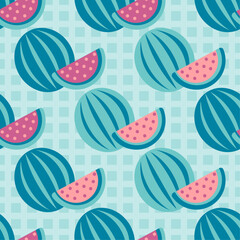 Summer tropical pattern with watermelon and its slices in blue and pink shades on mosaics background