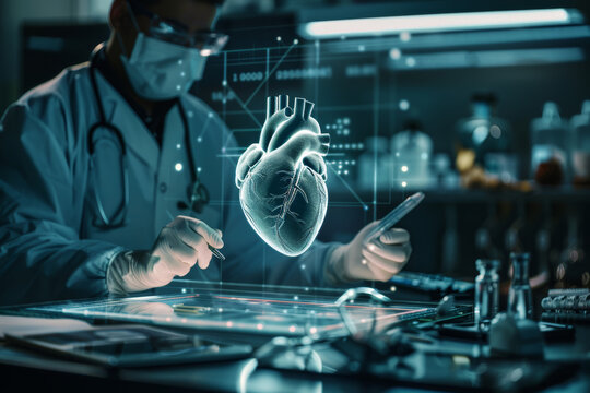 Stock photo of a hologram of a human heart floating above a medical desk with doctors examining it in a clinical setting bright lighting