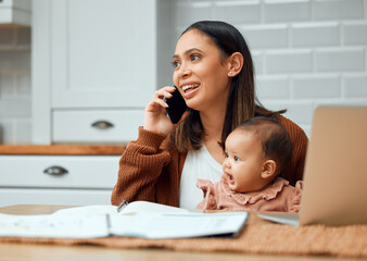 Phone call, mother and baby in kitchen with laptop, documents and work from home with kid. Woman, child and technology in apartment for online, communication and conversation for job or career