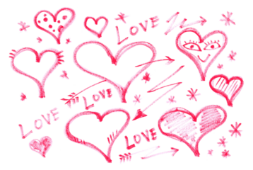 Set grunge scribble symbol heart, red marker isolated on white	