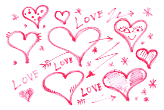 Set grunge scribble symbol heart, red marker isolated on white	
