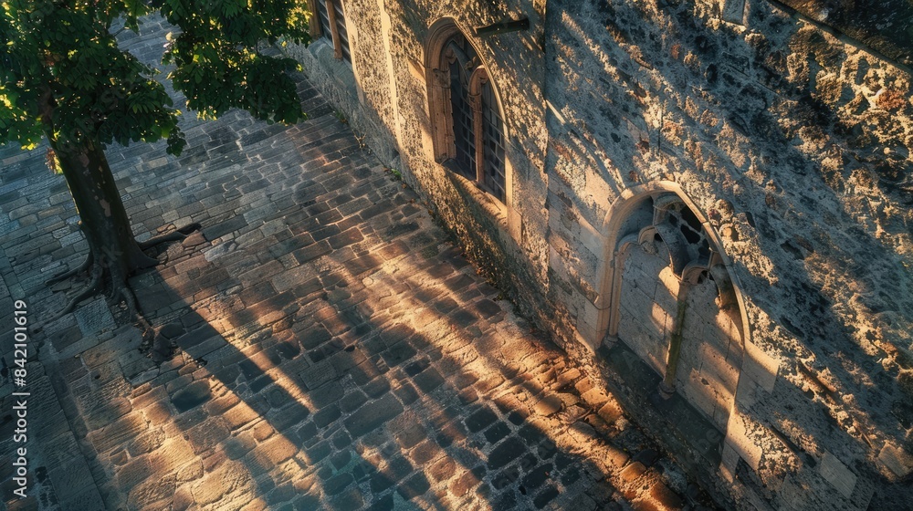 Poster architectural features in a medieval fortress with tree shadows in the park