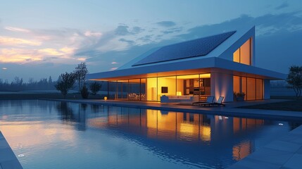Modern house with pool at sunset