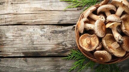 Fresh Wild Mushrooms in a Rustic Basket on Wooden Background