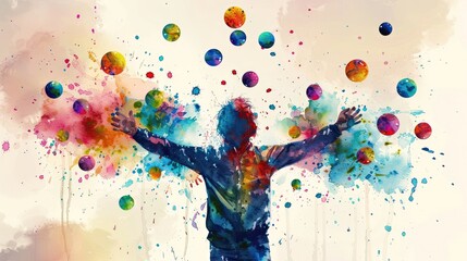 Colorful watercolor painting of a person with outstretched arms surrounded by multi-colored circles.
