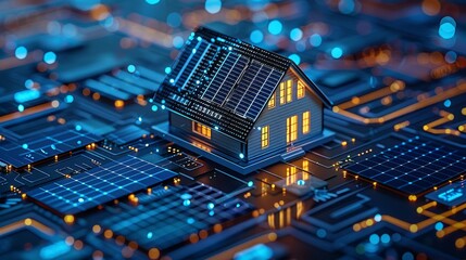 Obraz premium Futuristic house model with solar panels on a digital circuit board