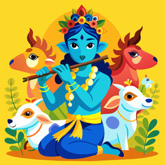 Naklejka premium Divine Melody: Lord Krishna Playing Flute Surrounded by Cows