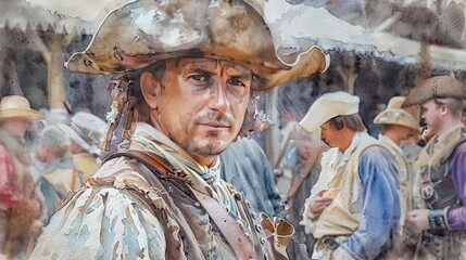 A watercolor painting of a man in a feathered hat from the 1700s