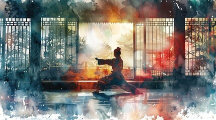 A watercolor painting of a man practicing kung fu in a temple.