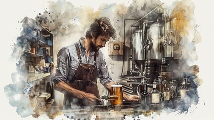 A watercolor painting of a man wearing an apron working in a brewery.