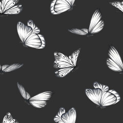 Seamless pattern with grey flying butterflies on a black background. A hand-drawn watercolor illustration. For textiles, wallpapers and backgrounds. For packaging paper and labels, printing