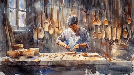 A woodcarver works on a spoon in his workshop.