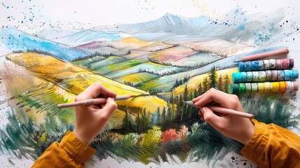 Obraz premium An artist's hands drawing a mountain landscape with soft pastels.
