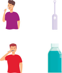 Set of illustrations showing a person brushing teeth and dental hygiene items