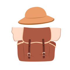 Travel bag with hat. Journey and adventure baggage. Vector traveling backpack. Vintage backpack.