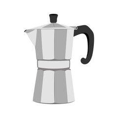 Italian metallic coffee maker isolated on white. Mocha coffee pot for making espresso coffee. Geyser coffee maker, Retro espresso machine symbol design.