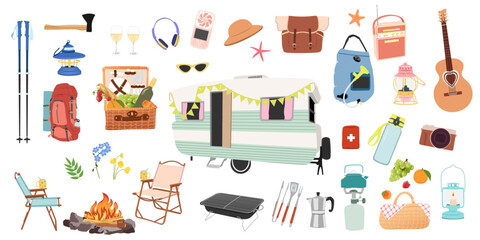 Tent, campfire, backpack, guitar, lamp, gas-burner, stump, signboard. Set of elements for Camping, traveling, trip, hiking, camper, nature, journey, campsite elements. Isolated vector illustration.