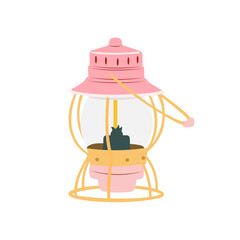 Cartoon camp lamp. Old kerosene and oil vintage lantern with burning wick and holder. Camping illumination. Travelers lighting equipment. Vector tourists retro petroleum lights set