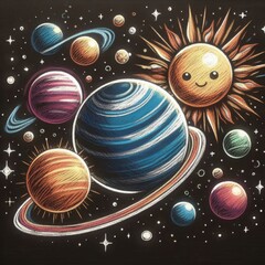 Fototapeta premium Cosmic Exploration: Chalk Drawing Depicting Galaxy with Sun and Other Planets