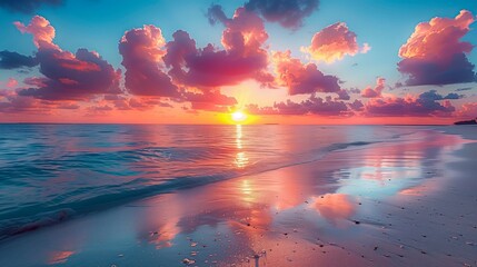 Vibrant Sunset Over A Tranquil Beach With Soft Waves Reflecting A Spectrum Of Pink, Purple