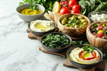 Assorted Mediterranean Dishes on Marble Table, Healthy and Fresh Food Concept