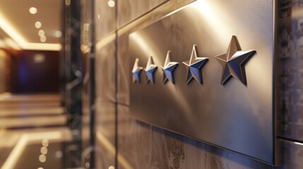 A close-up shot of a five-star rating on a metal wall. The stars are shiny and metallic, representing quality and excellence.