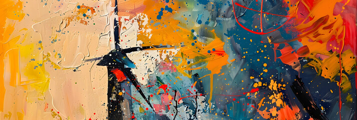 Fototapeta premium Abstract art painting of a windmill in colorful. textured brush strokes and drips 