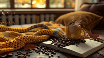 Cozy Autumn Vibes Book Blanket and Coffee Beans Create the Perfect Fall Escape