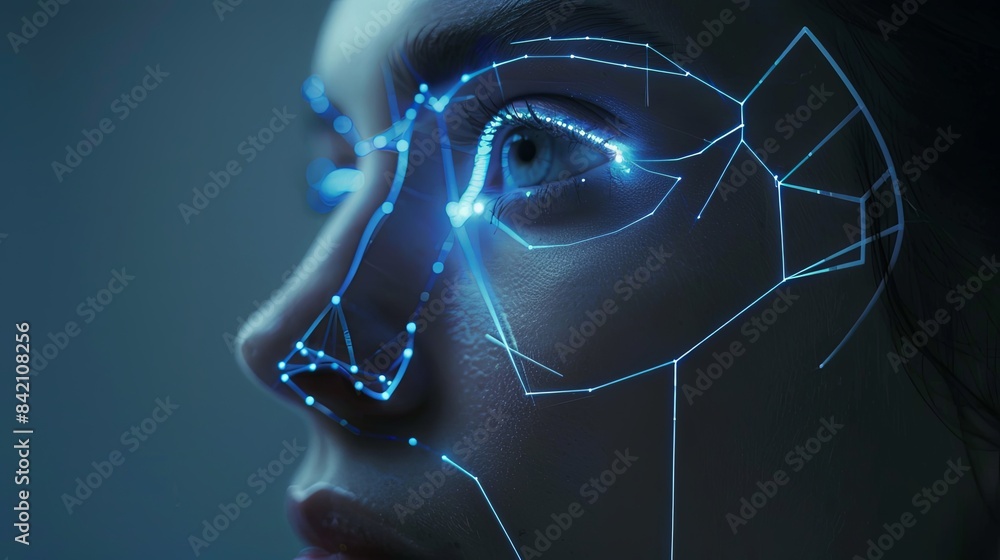 Aufkleber a close-up image of a womans face being analyzed by a facial recognition system, with a glowing grid