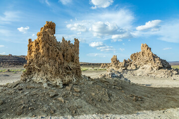 Prehistoric chimneys mineral rock formations, former bottom of the salt lake Abbe, Dikhil region,...