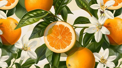 Citrus and Orange Blossom Vintage Retro Style Seamless Pattern
